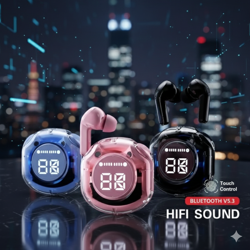 Air 39 transparent earbuds with charging case side view
