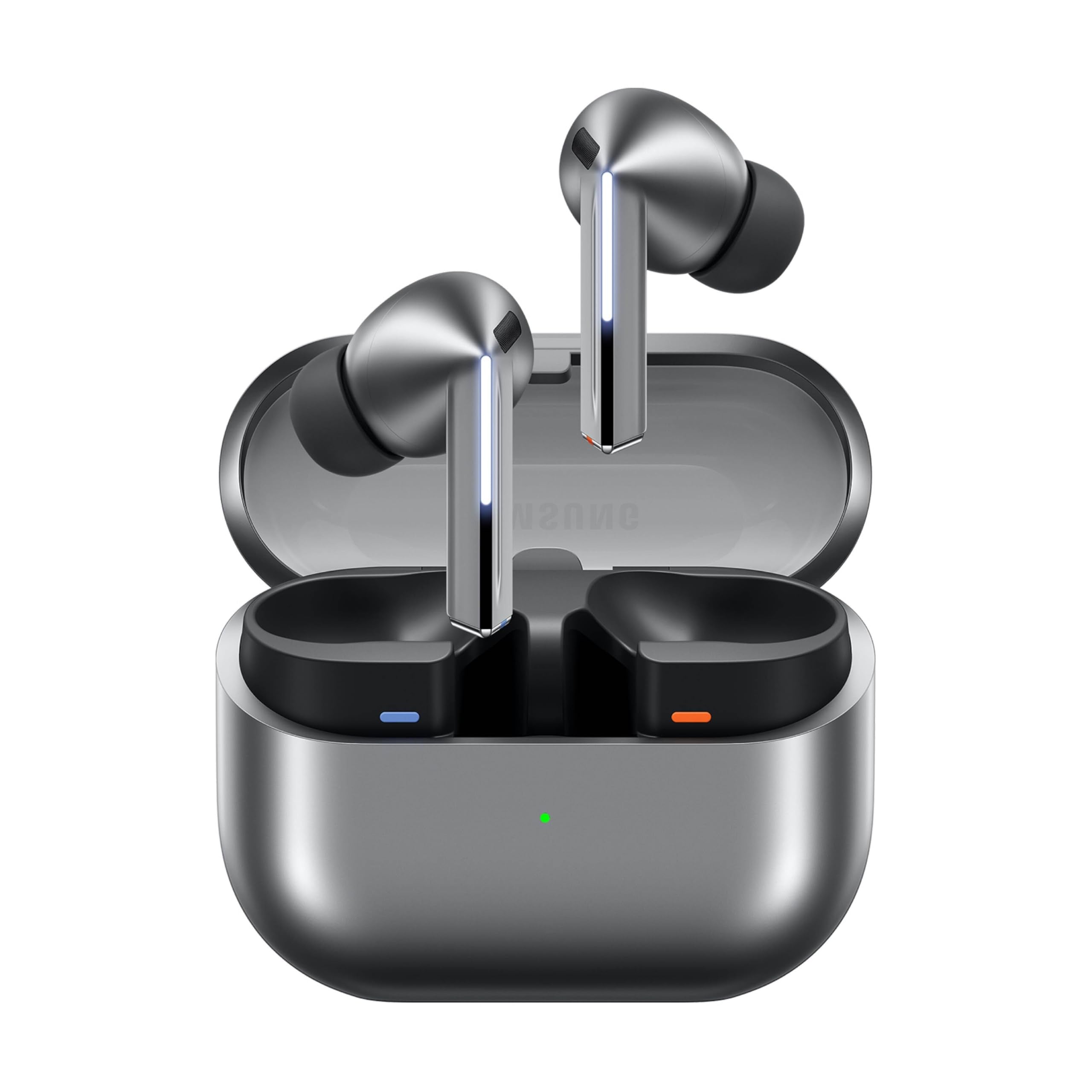 Samsung Galaxy Buds 3 Pro silver earbuds in open charging case with LED indicators