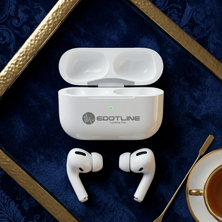 Edotline Pro 2 white wireless earbuds with open charging case on navy blue velvet background