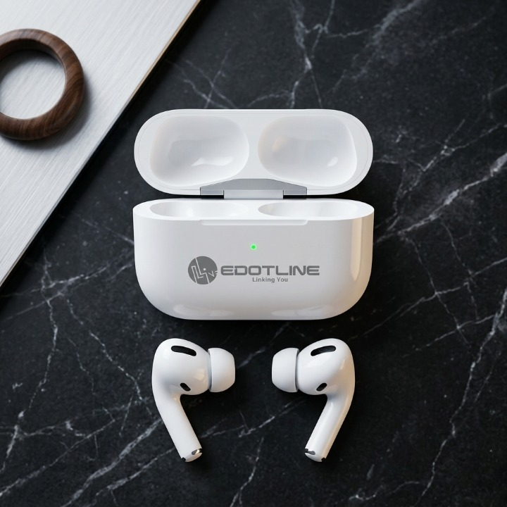 Edotline Pro 2 white earbuds with open case on dark marble surface