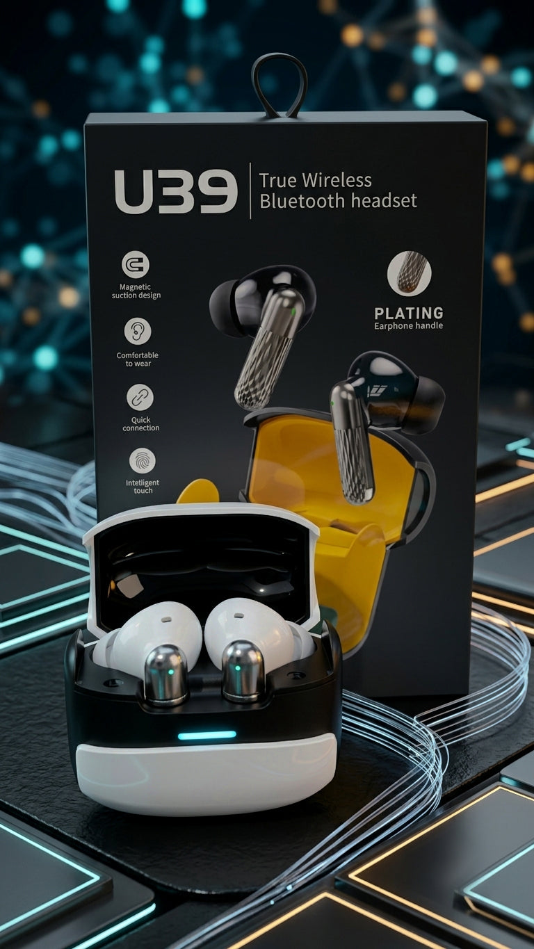 U39 earbuds open case with product box on dark tech background with neon lights