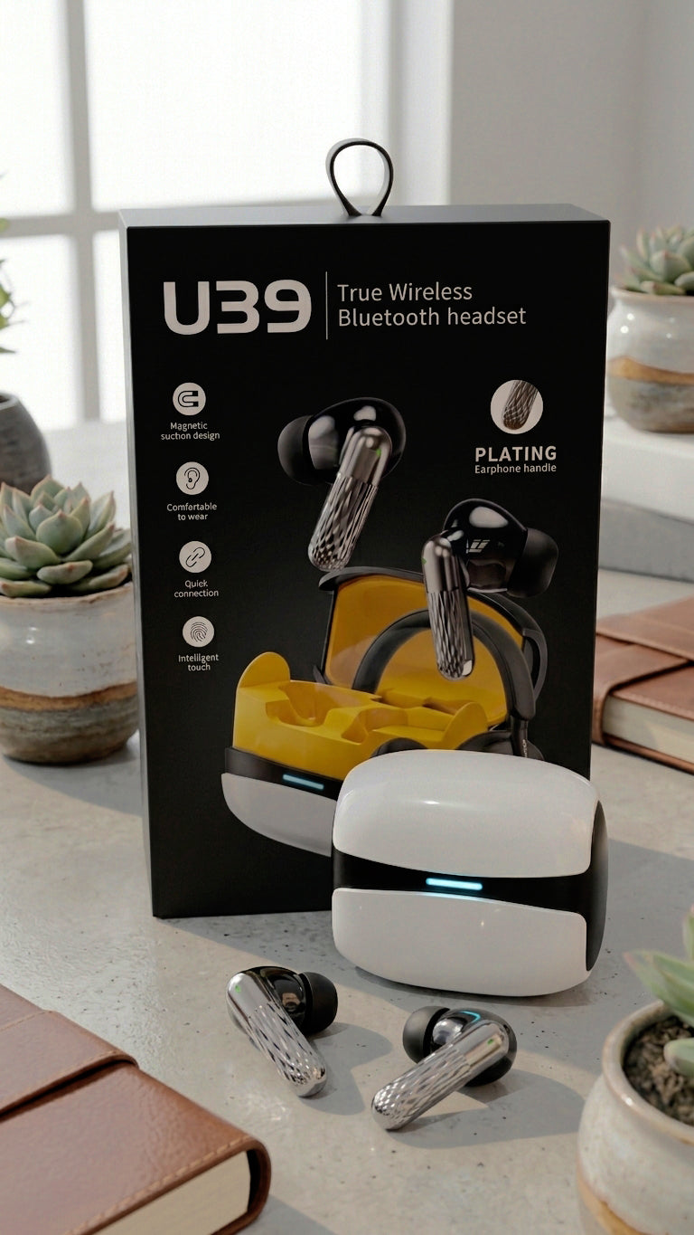 U39 earbuds and case with product box on marble surface with earbuds out