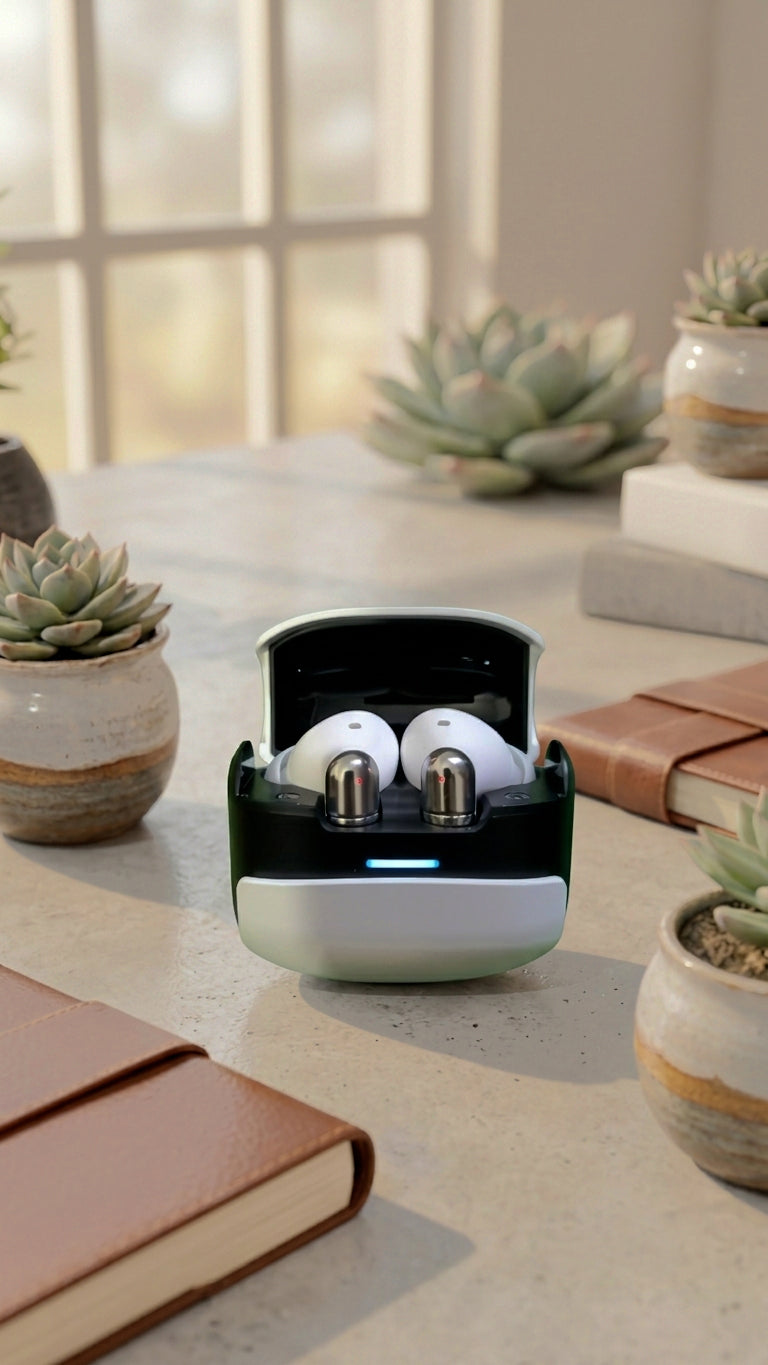 U39 earbuds open charging case close-up with metallic plated stems