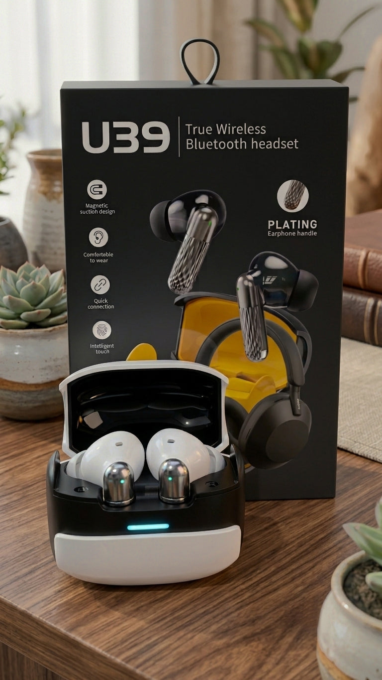 U39 earbuds open case in front of product box on wooden table