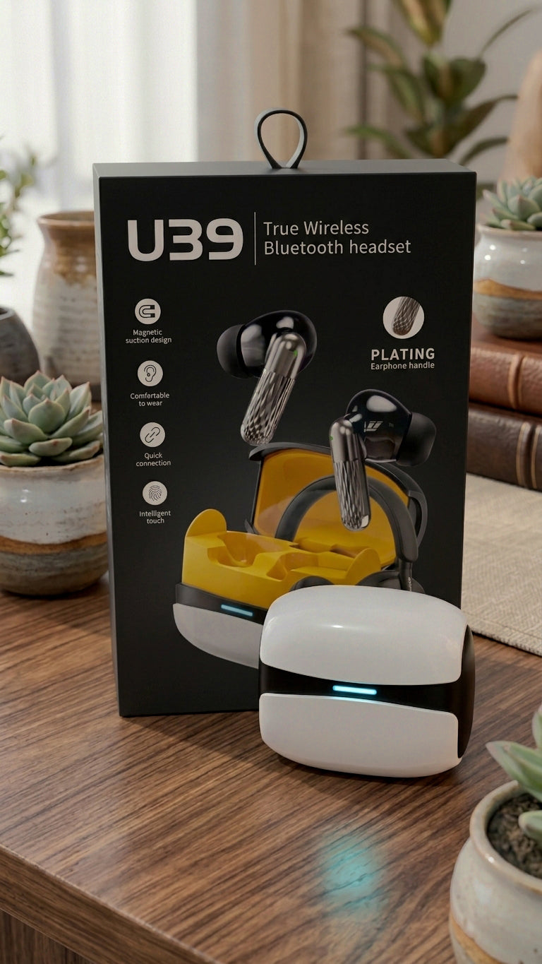 U39 True Wireless Earbuds packaging box with product on wooden table