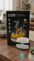 U39 True Wireless Earbuds packaging box with product on wooden table