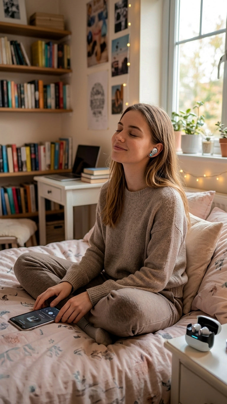 Woman listening to U39 earbuds relaxing on bed with phone
