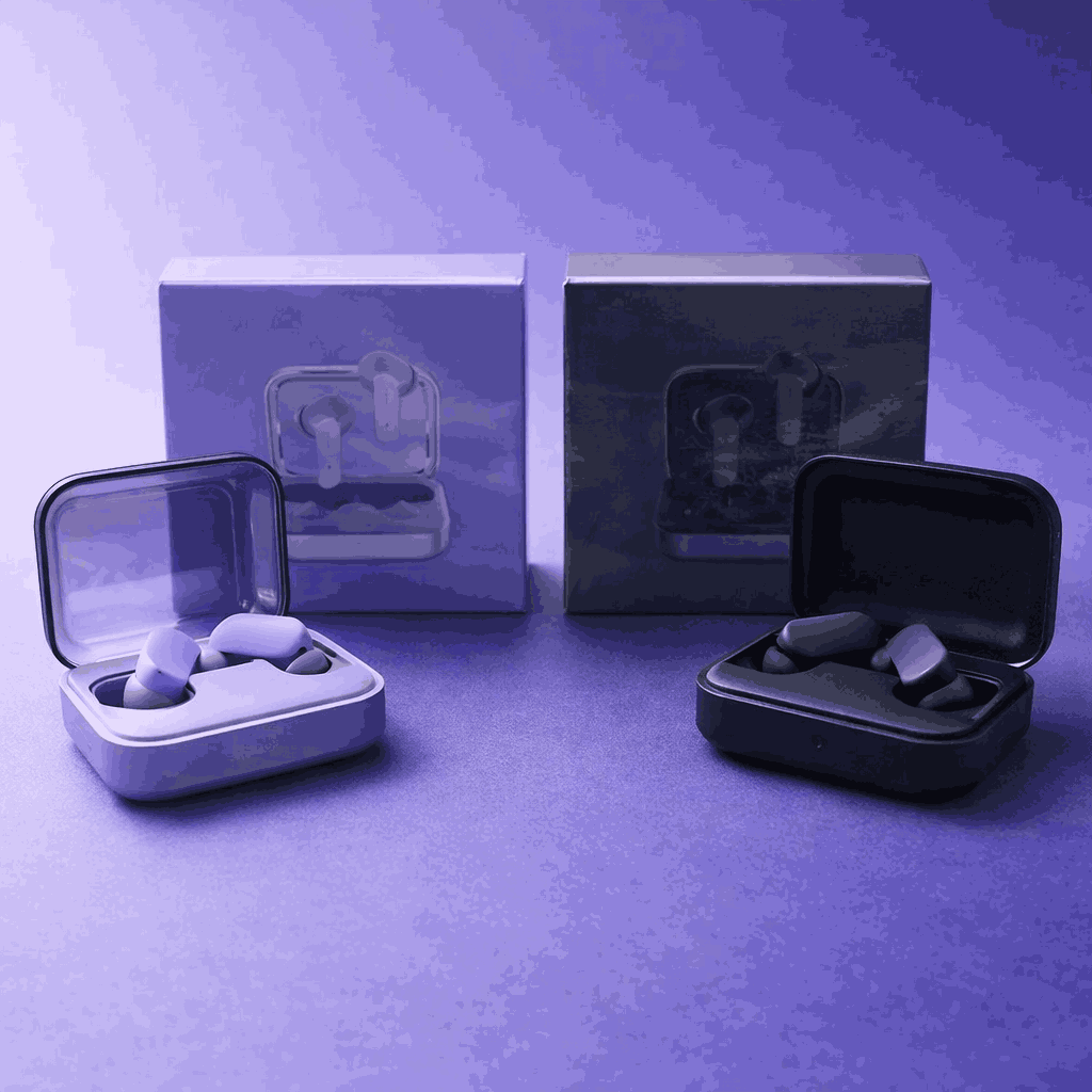 Buds Pro 9 Purple and Graphite open cases with packaging on purple background