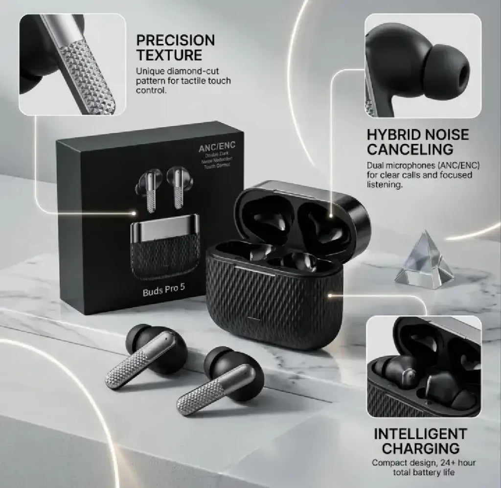 Buds Pro 5 Wireless Earbuds with charging case and packaging