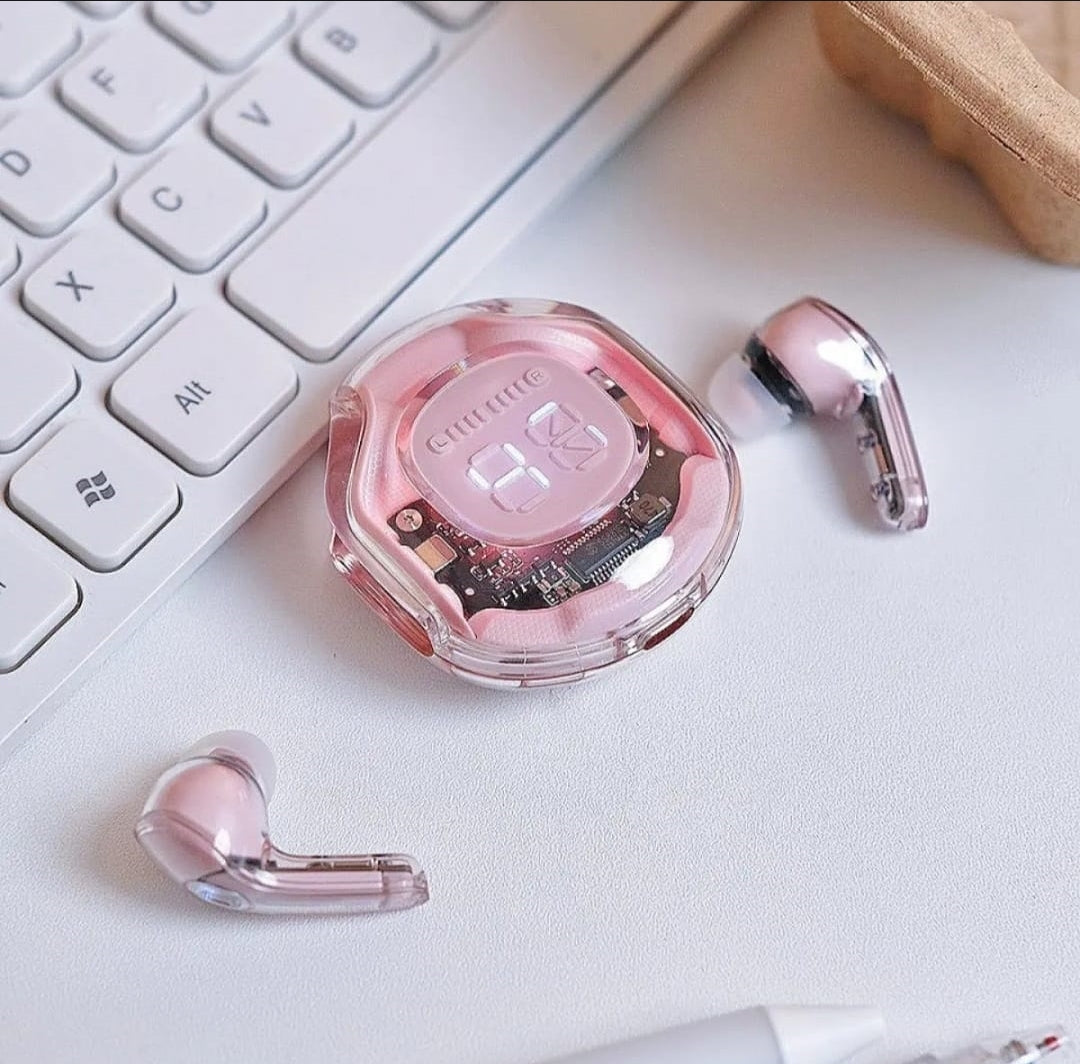 Air 39 transparent black earbuds with LED display charging case