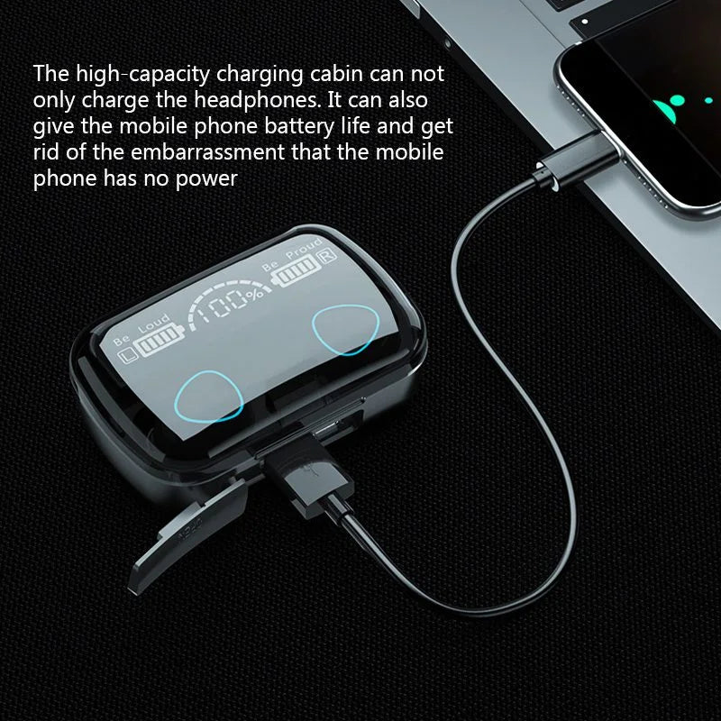 M10 TWS earbuds charging case with LED display connected to phone