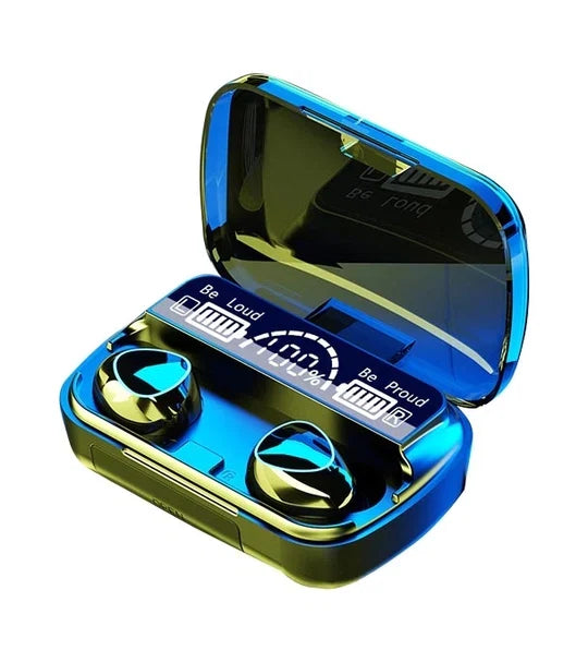 M10 TWS earbuds metallic blue charging case