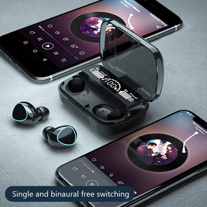 M10 TWS earbuds with charging case and smartphones