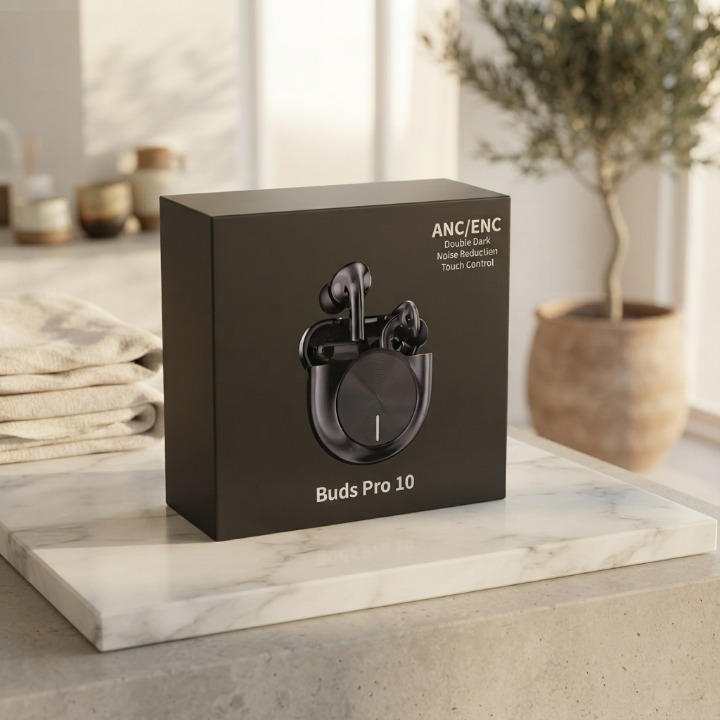 Buds Pro 10 Double Dark wireless earbuds product box on marble surface with plant background