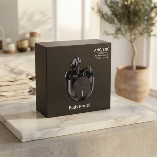 Buds Pro 10 Double Dark wireless earbuds product box on marble surface with plant background