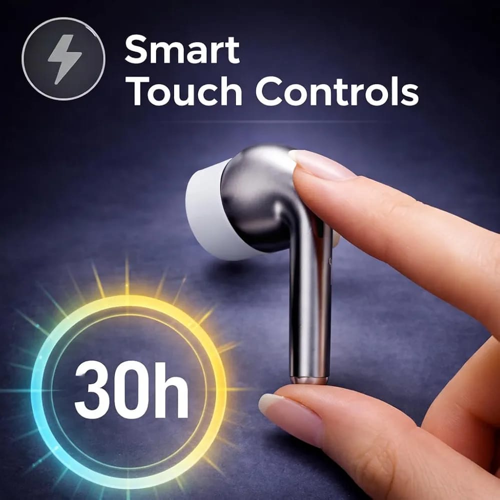 Buds Pro 10 smart touch controls 30 hour battery life earbud held in fingers