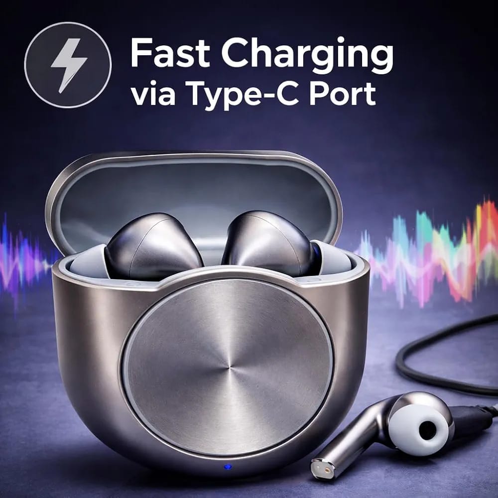 Buds Pro 10 brushed metallic charging case open with earbuds inside fast charging Type-C
