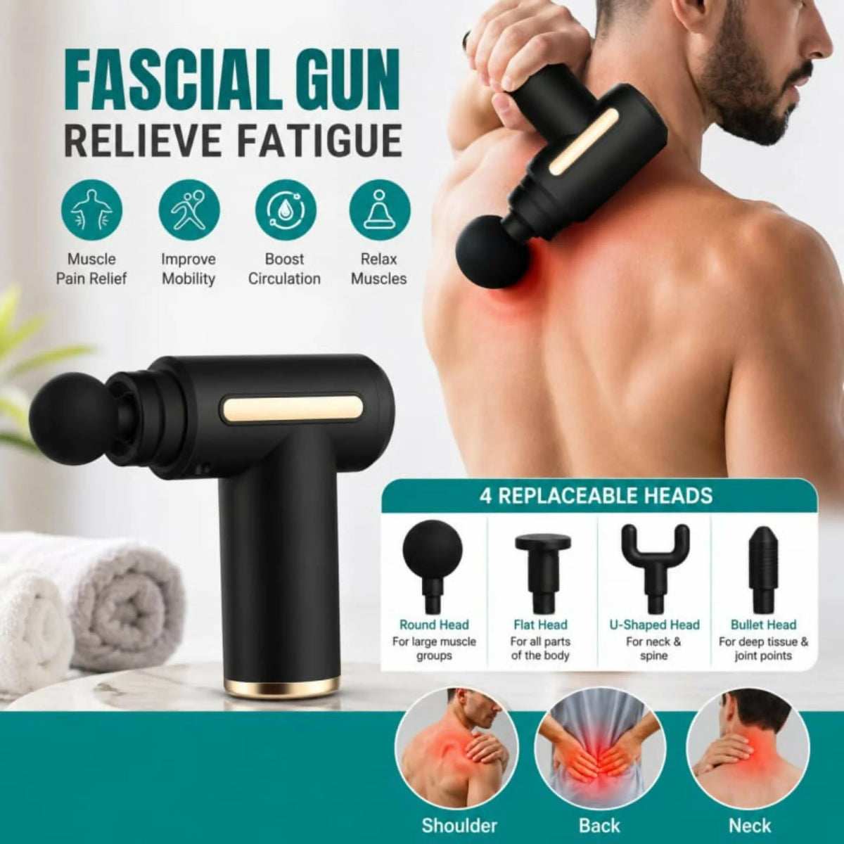 Massage gun with four replacement heads for different muscle groups