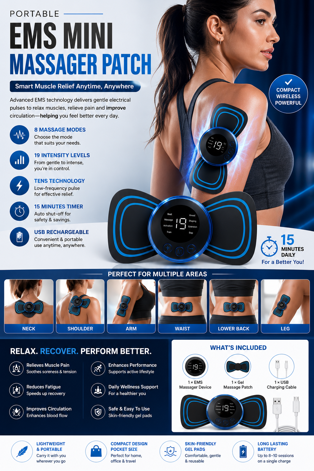Portable EMS Mini Massager Patch — Instant Pain Relief for Neck, Back & Full Body