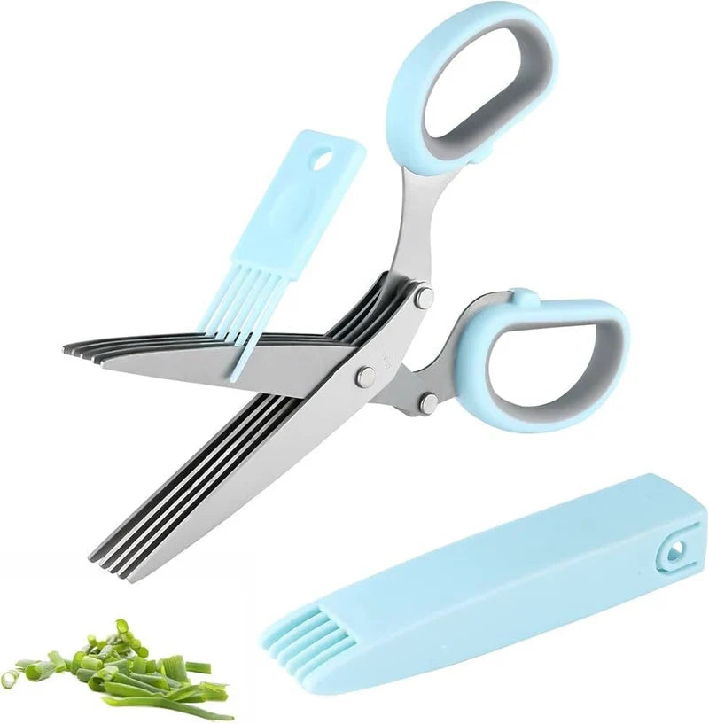 Light blue herb scissors with cleaning comb and blade cover