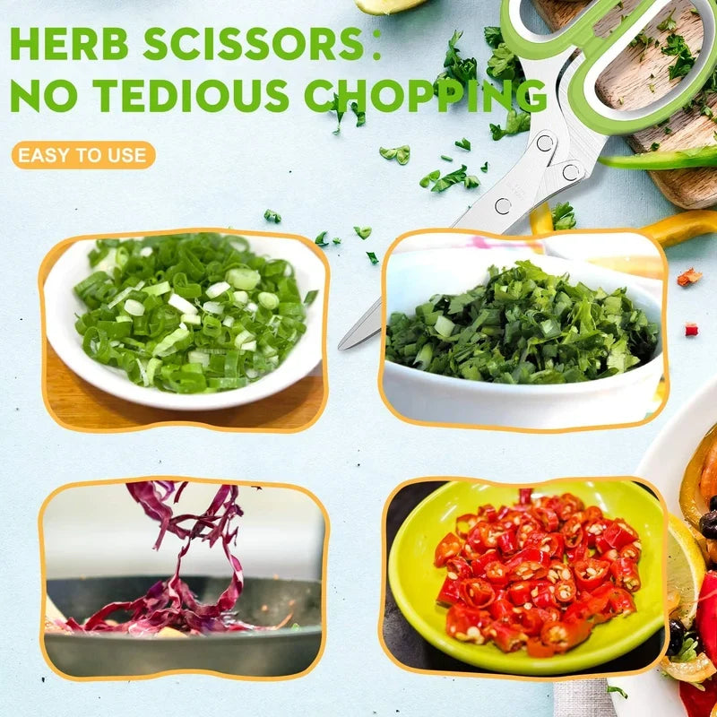 Herb scissors promotional image with examples of chopped ingredients