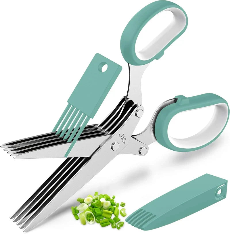 Five-blade stainless steel herb scissors with cleaning comb and protective cover