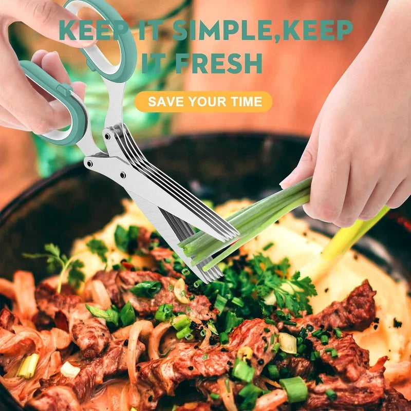 Five-blade herb scissors snipping scallions over a prepared meal