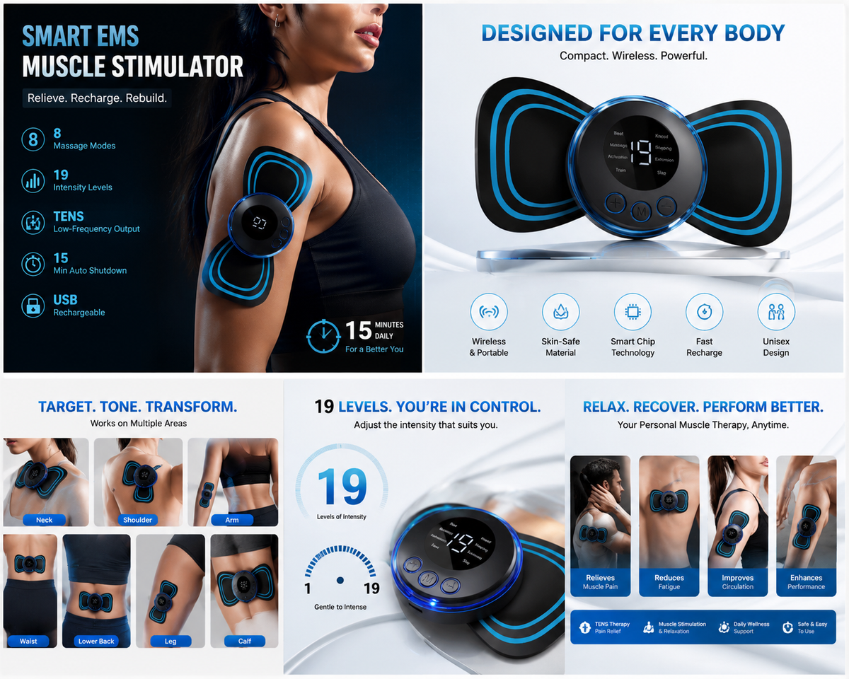 EMS muscle stimulator for neck shoulder back waist arm and leg areas