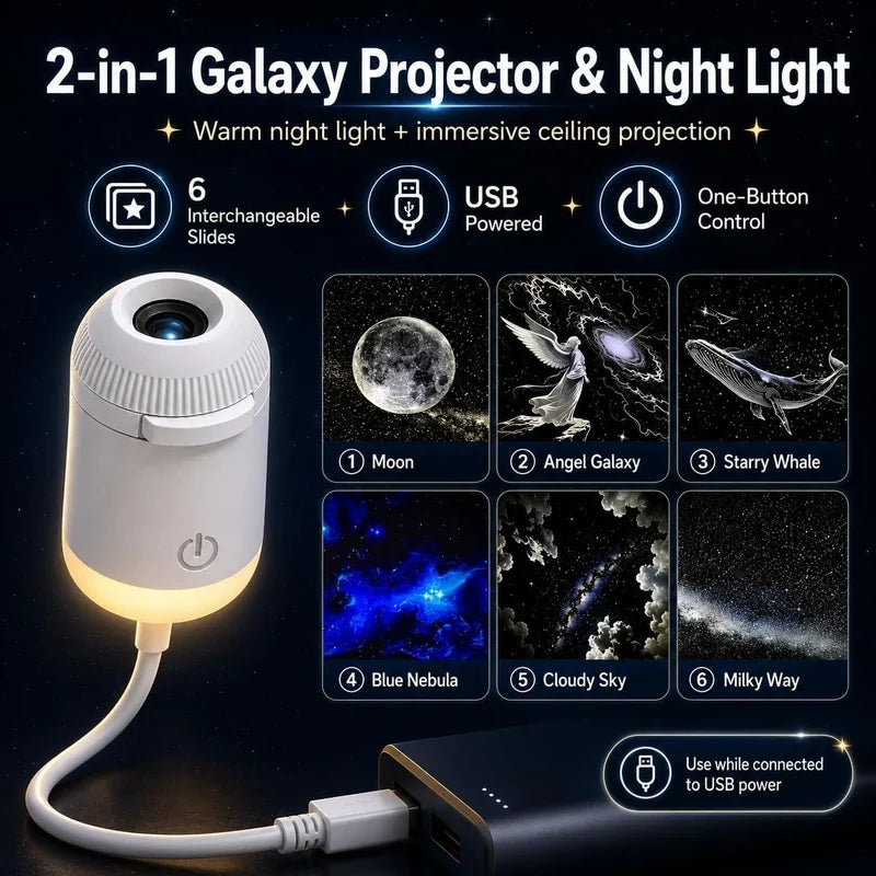 Mini USB Galaxy Projector & Warm Night Light with 6 Slides