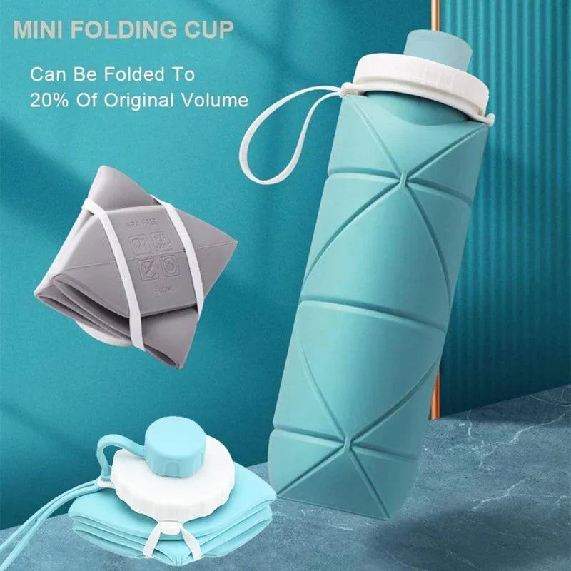Silicone water bottle in full-size and compact folded forms