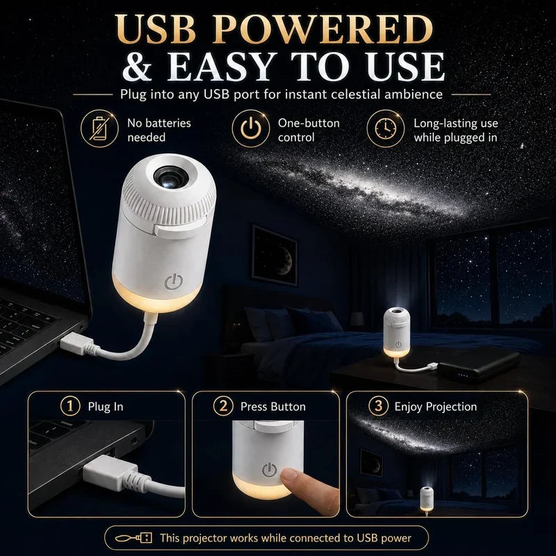 Mini USB Galaxy Projector & Warm Night Light with 6 Slides