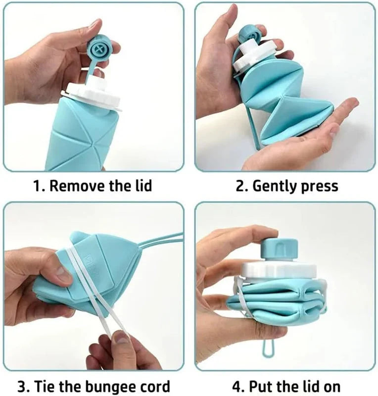 Step-by-step demonstration of collapsing the silicone water bottle
