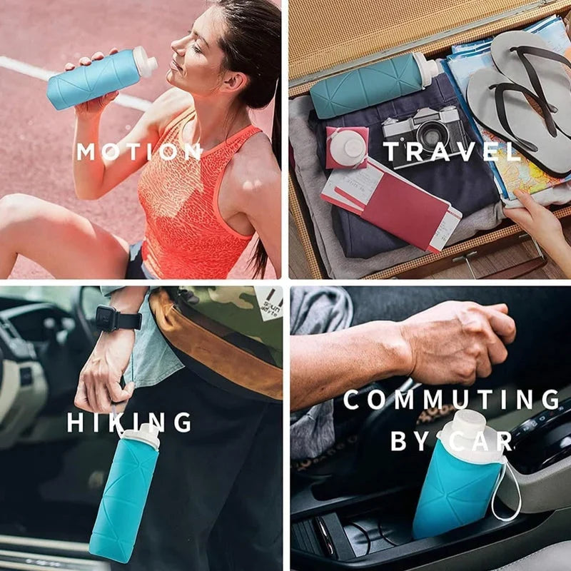 Collapsible water bottle shown for exercise travel hiking and commuting