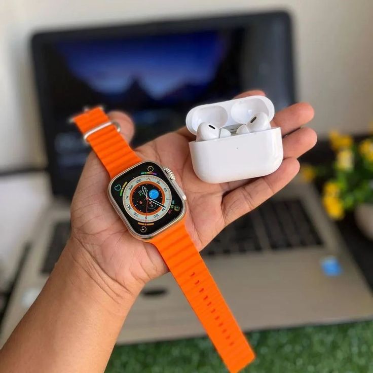 I20 Ultra Max smart watch with AirPods in black