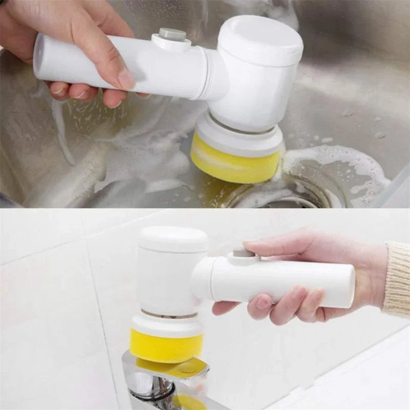 Electric scrubber with sponge attachment cleaning a sink and tap