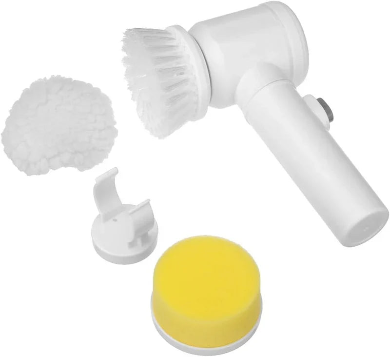 White handheld electric cleaning brush with bristle brush sponge and cleaning pad