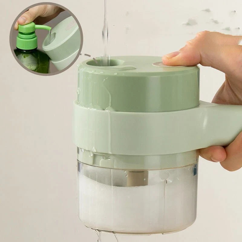 Green electric chopper with transparent container and handle