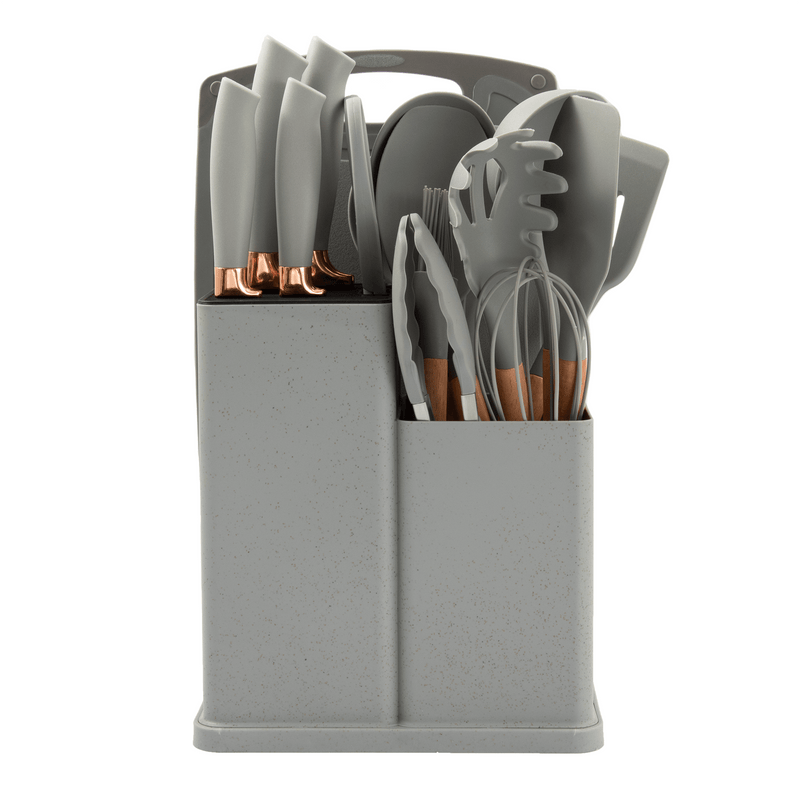 Pink kitchen utensils and knives with matching storage organizer