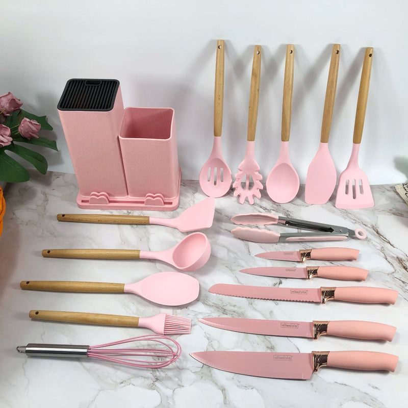 Grey kitchen utensil and knife set in matching storage organizer