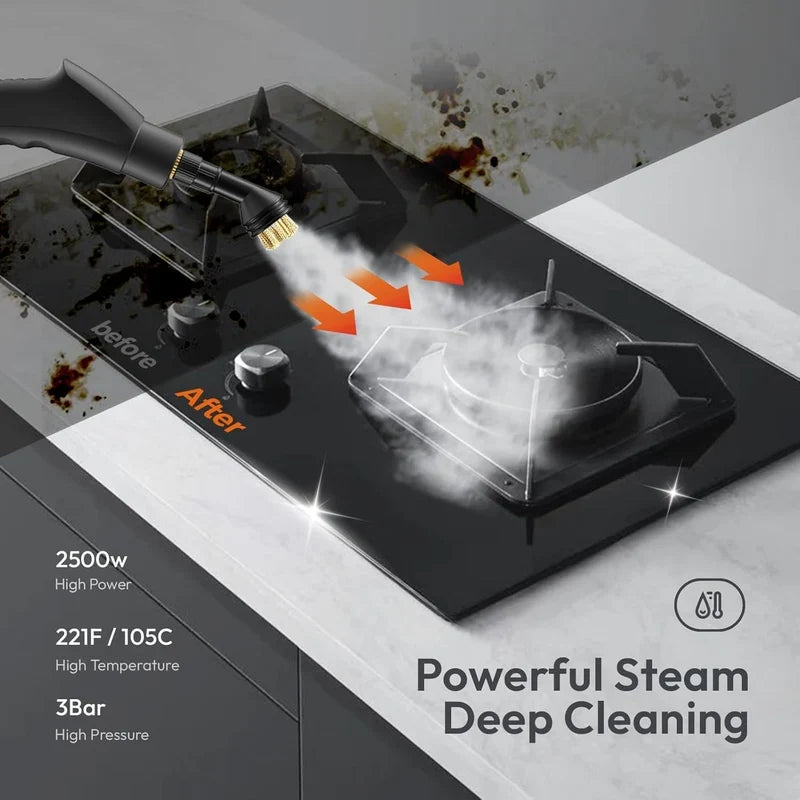 Steam cleaning demonstration on a stovetop