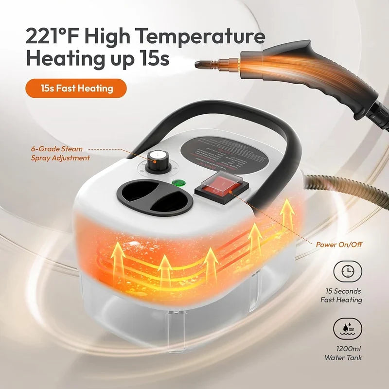 Portable steam cleaner showing heating and steam adjustment features