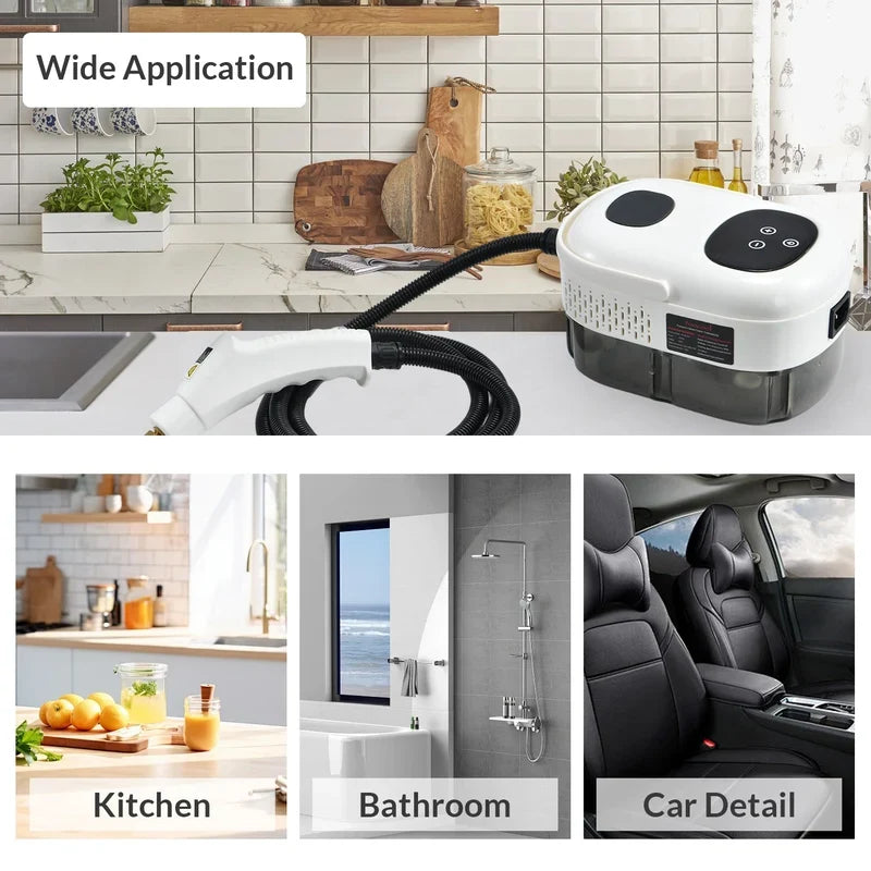 Steam cleaner promotional image showing kitchen bathroom and car cleaning applications