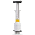 Meat marinade injector with liquid in its transparent reservoir