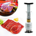Meat marinade injector shown alongside meal preparation examples
