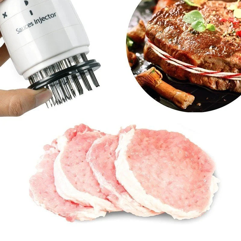 Close-up of meat tenderizer needles with prepared meat examples