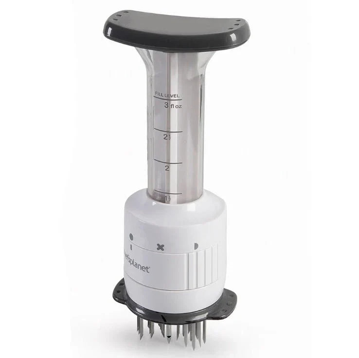 Upright manual meat tenderizer and marinade injector