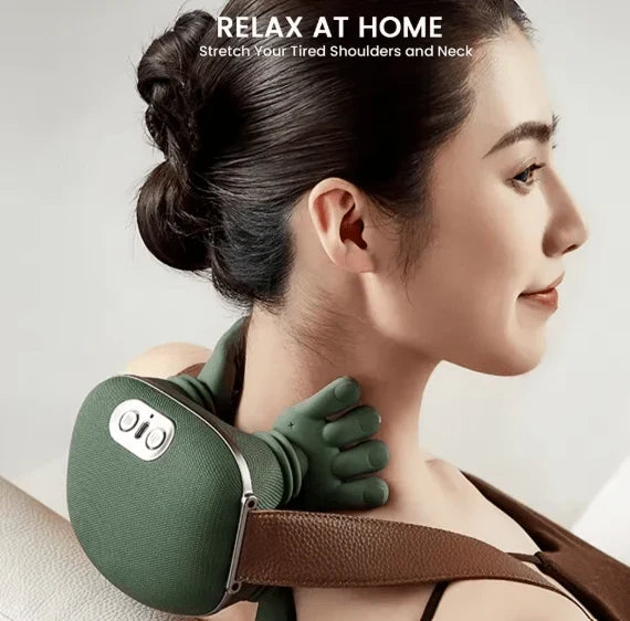 Side view of a green shoulder massager with control buttons