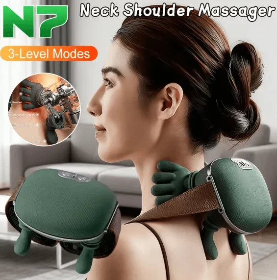 Green neck and shoulder kneading massager with hand-shaped massage components